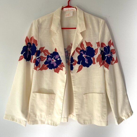 90s vintage cream floral hibiscus print hawaii vacation open front blazer jacket - Picture 1 of 10